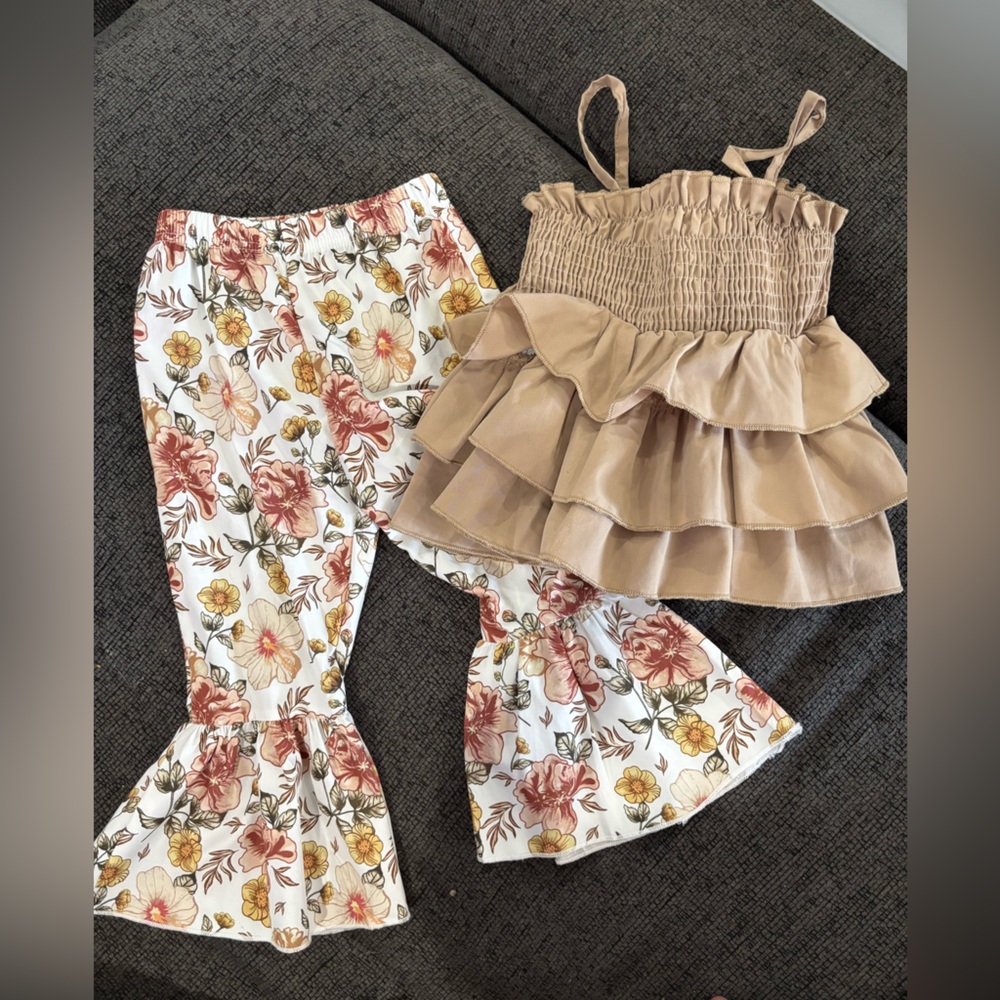 Floral Ruffle Pants and Tan Tiered Top Set